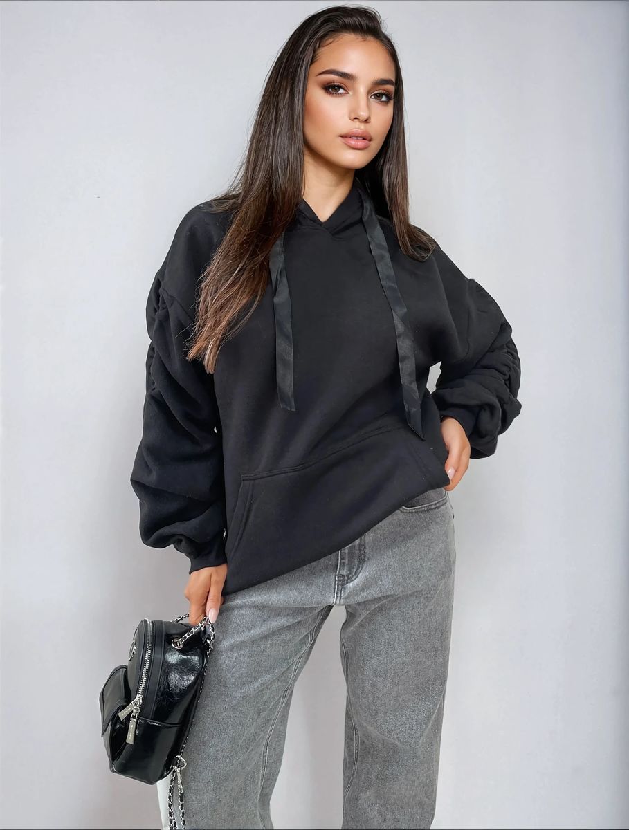 Ruched Sleeve Oversized Hoodie with Front Pouch Pocket Moda