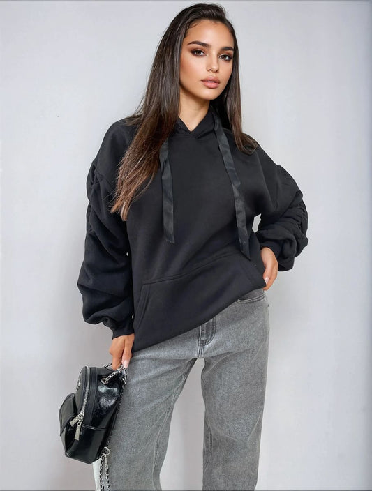 Ruched Sleeve Oversized Hoodie with Front Pouch Pocket Moda