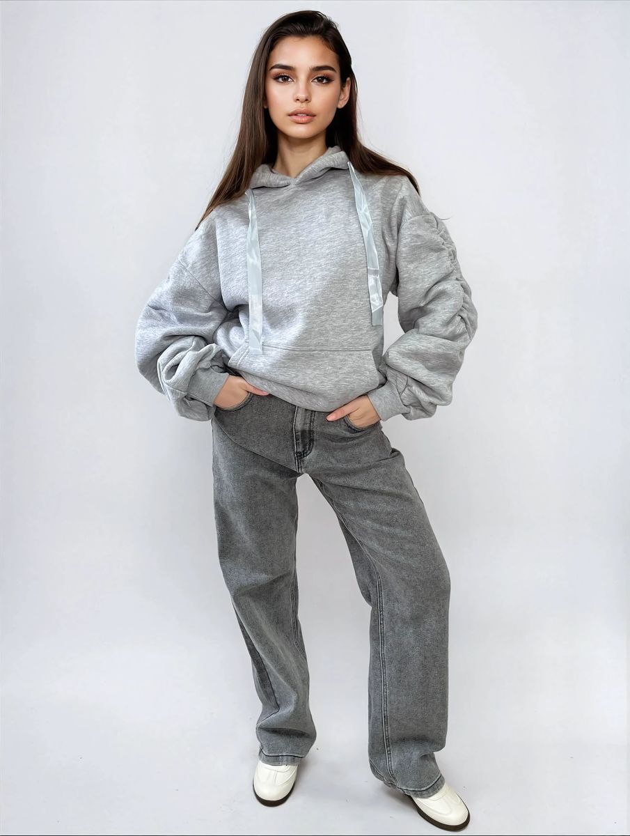 Ruched Sleeve Oversized Hoodie with Front Pouch Pocket Moda