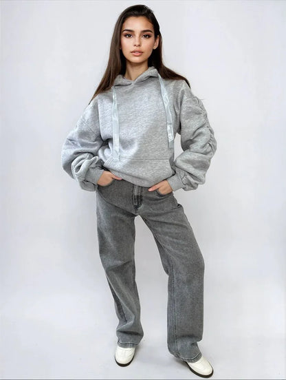 Ruched Sleeve Oversized Hoodie with Front Pouch Pocket - Shello's Creative Boutique