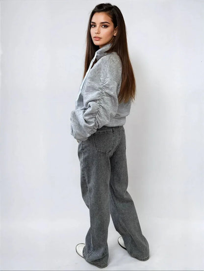 Ruched Sleeve Oversized Hoodie with Front Pouch Pocket - Shello's Creative Boutique