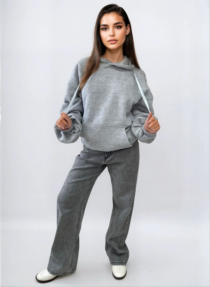 Ruched Sleeve Oversized Hoodie with Front Pouch Pocket Moda