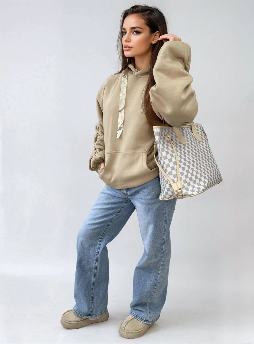 Ruched Sleeve Oversized Hoodie with Front Pouch Pocket Moda