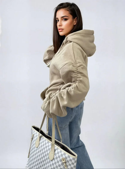 Ruched Sleeve Oversized Hoodie with Front Pouch Pocket - Shello's Creative Boutique