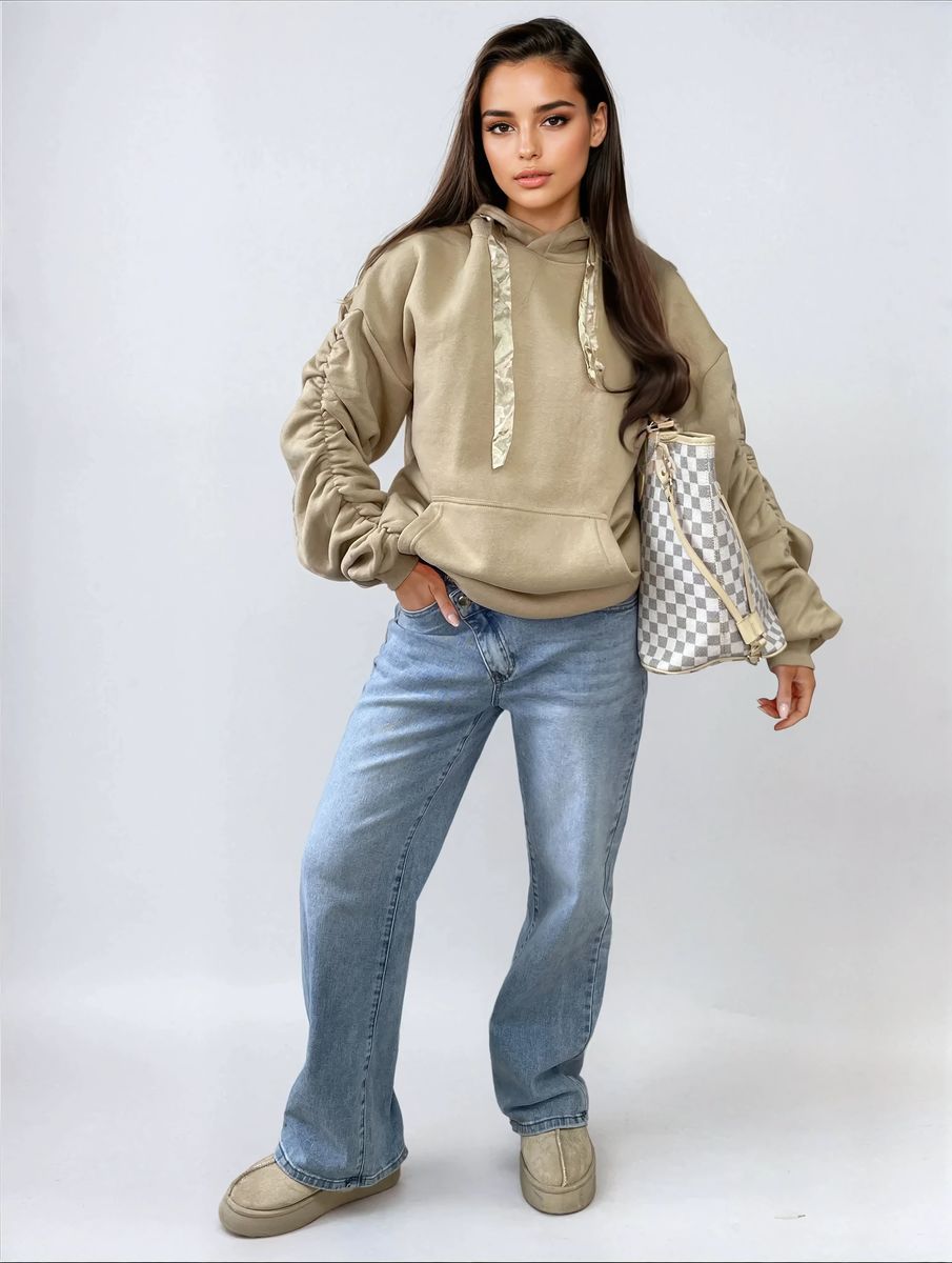 Ruched Sleeve Oversized Hoodie with Front Pouch Pocket Moda