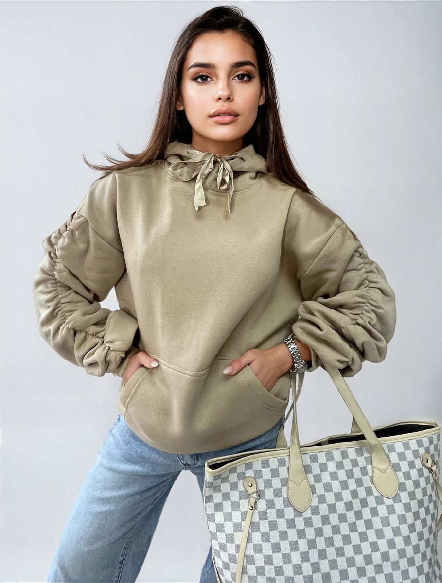 Ruched Sleeve Oversized Hoodie with Front Pouch Pocket Moda