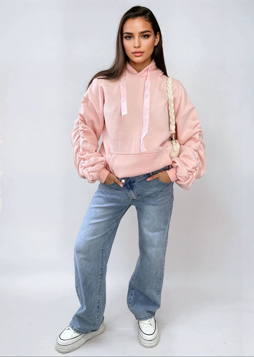 Ruched Sleeve Oversized Hoodie with Front Pouch Pocket Moda