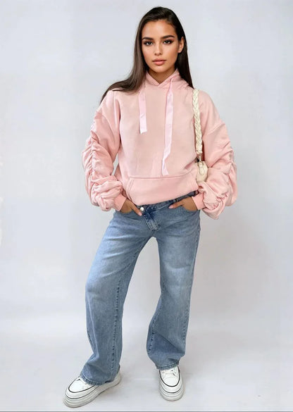 Ruched Sleeve Oversized Hoodie with Front Pouch Pocket - Shello's Creative Boutique