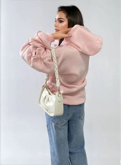 Ruched Sleeve Oversized Hoodie with Front Pouch Pocket - Shello's Creative Boutique