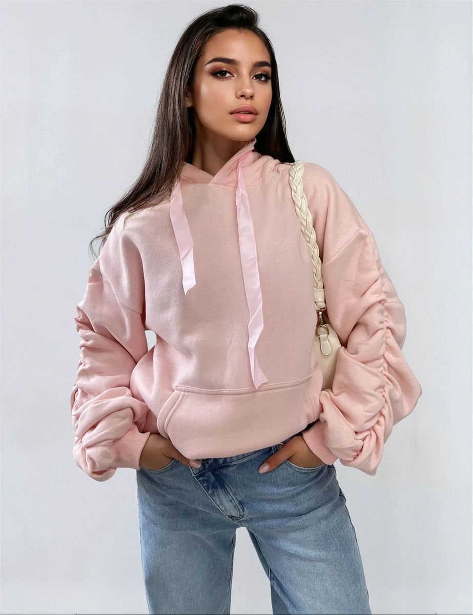 Ruched Sleeve Oversized Hoodie with Front Pouch Pocket Moda