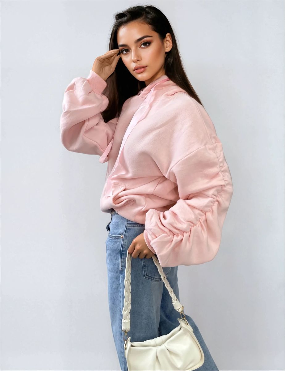 Ruched Sleeve Oversized Hoodie with Front Pouch Pocket Moda