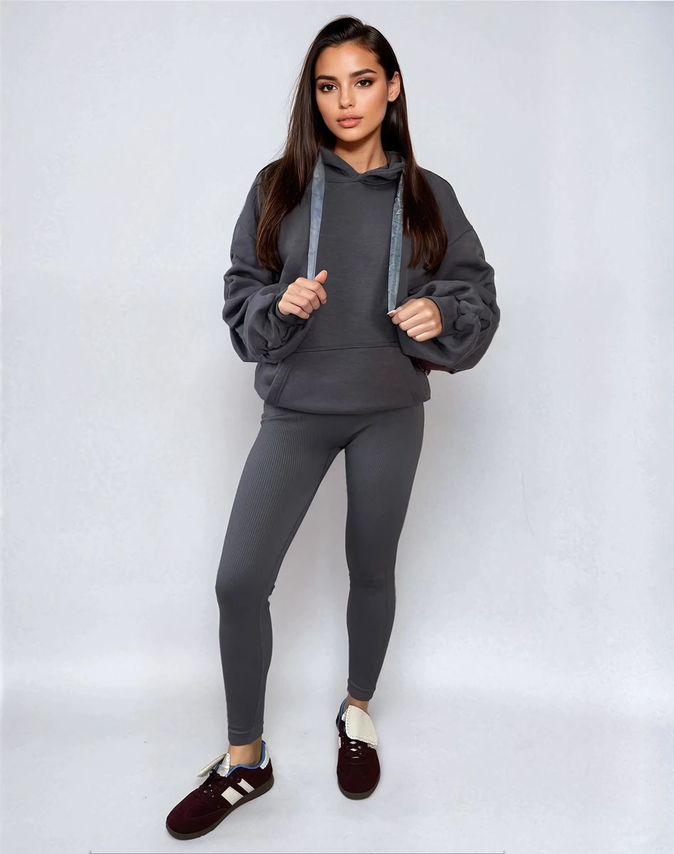 Ruched Sleeve Oversized Hoodie with Front Pouch Pocket Moda