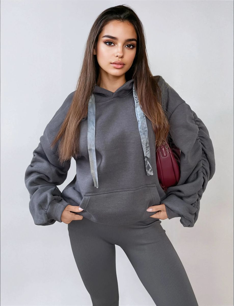 Ruched Sleeve Oversized Hoodie with Front Pouch Pocket Moda