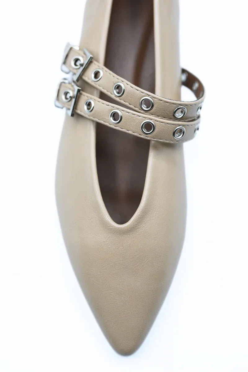 Double Buckle Eyelet Strap Pointed Flat Shoes - Low Heel - Shello's Creative Boutique