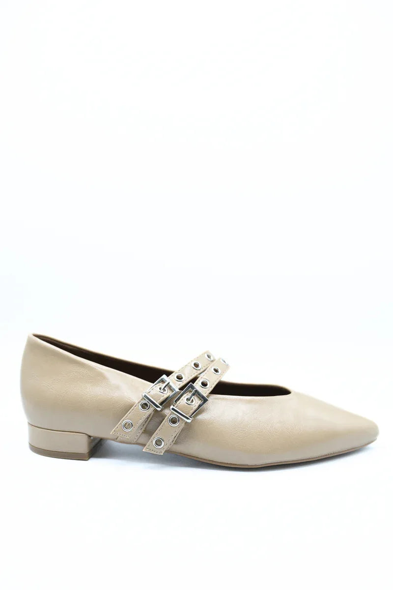 Double Buckle Eyelet Strap Pointed Flat Shoes - Low Heel - Shello's Creative Boutique