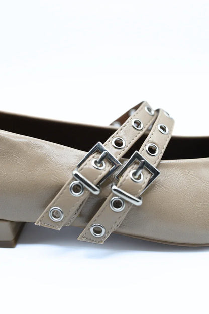 Double Buckle Eyelet Strap Pointed Flat Shoes - Low Heel - Shello's Creative Boutique