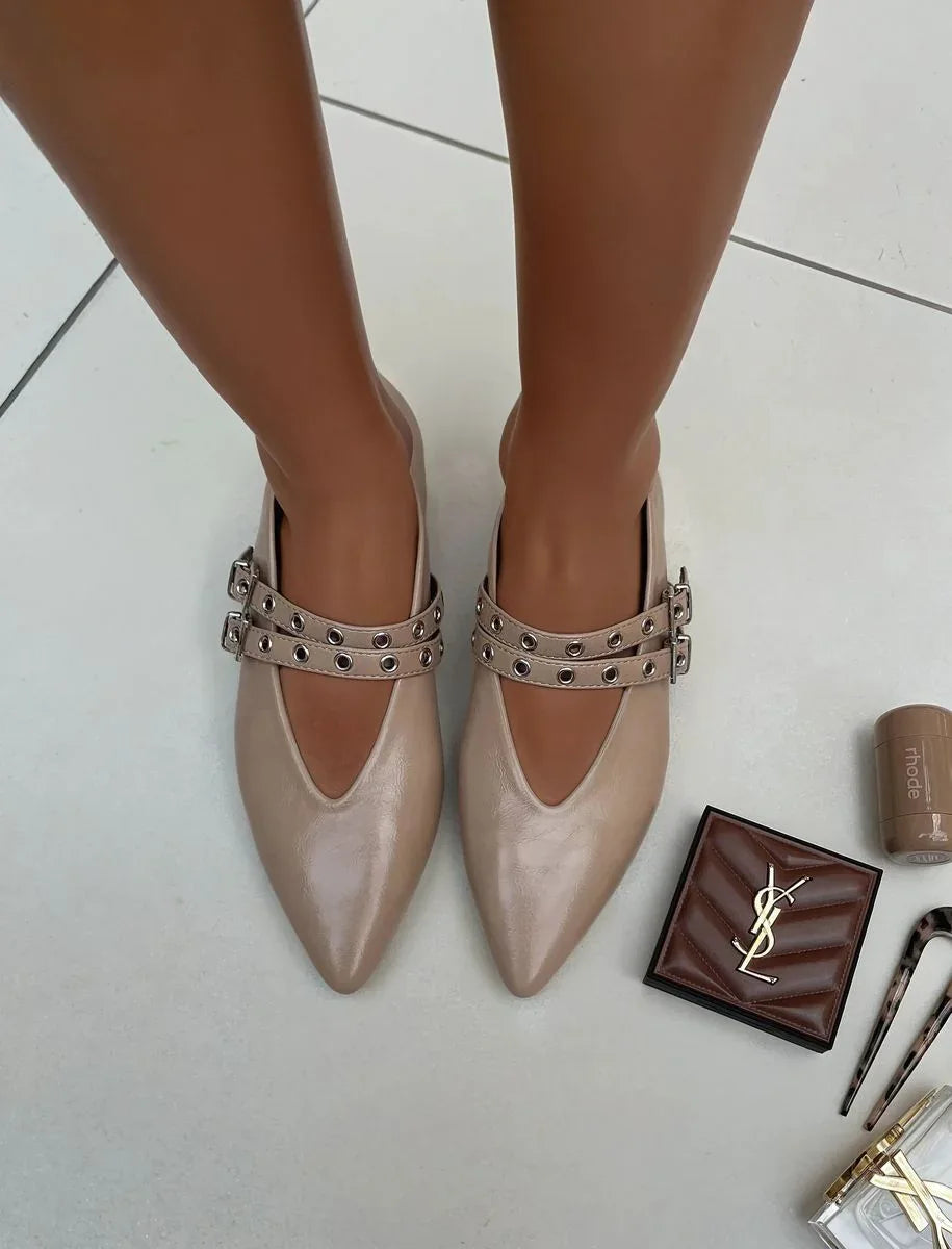 Double Buckle Eyelet Strap Pointed Flat Shoes - Low Heel - Shello's Creative Boutique