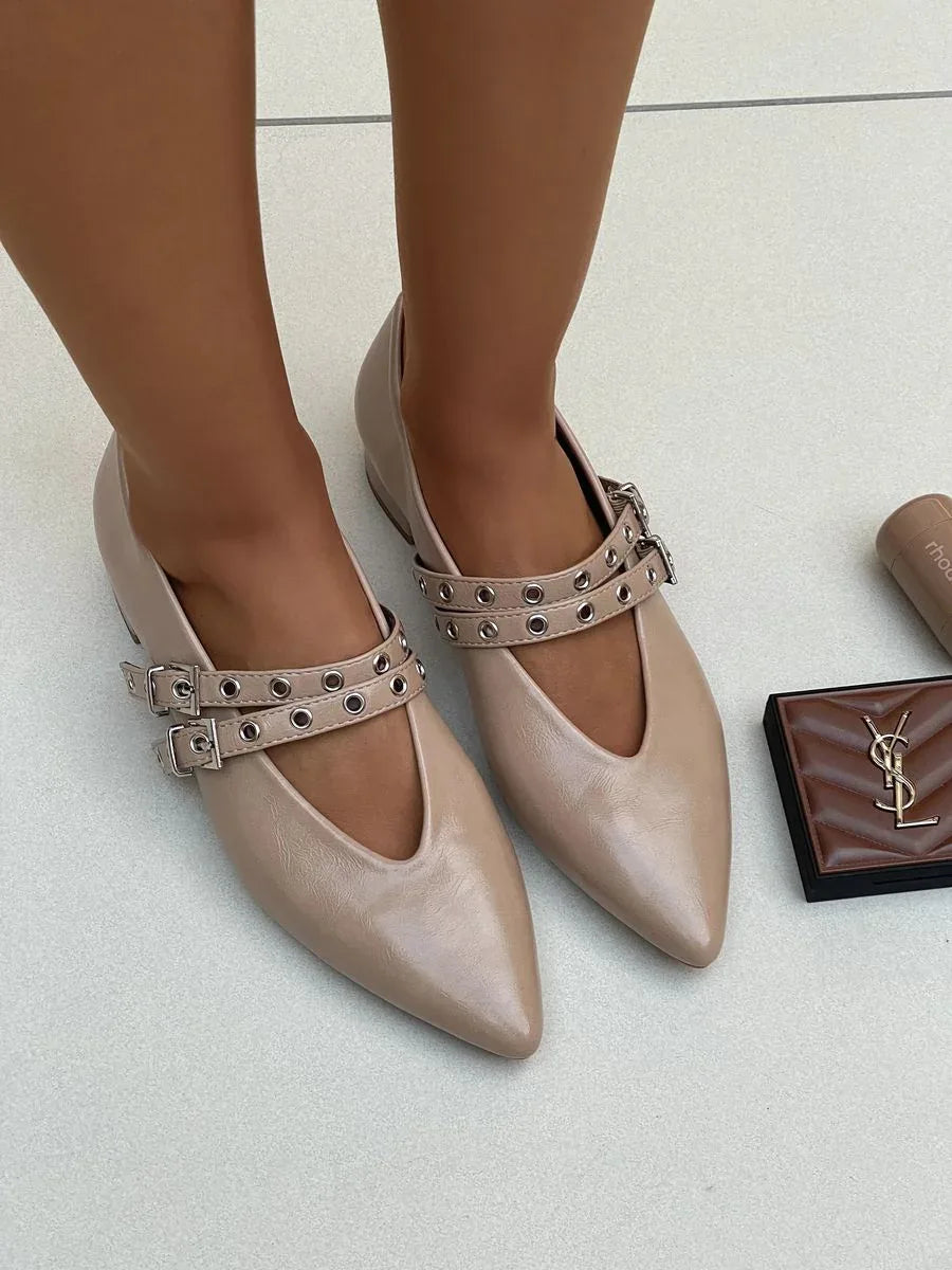 Double Buckle Eyelet Strap Pointed Flat Shoes - Low Heel - Shello's Creative Boutique