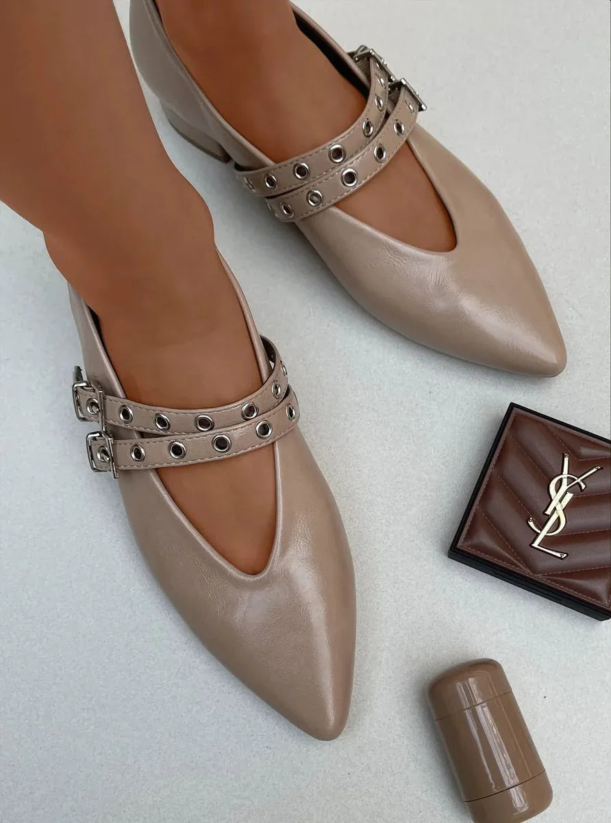 Double Buckle Eyelet Strap Pointed Flat Shoes - Low Heel - Shello's Creative Boutique