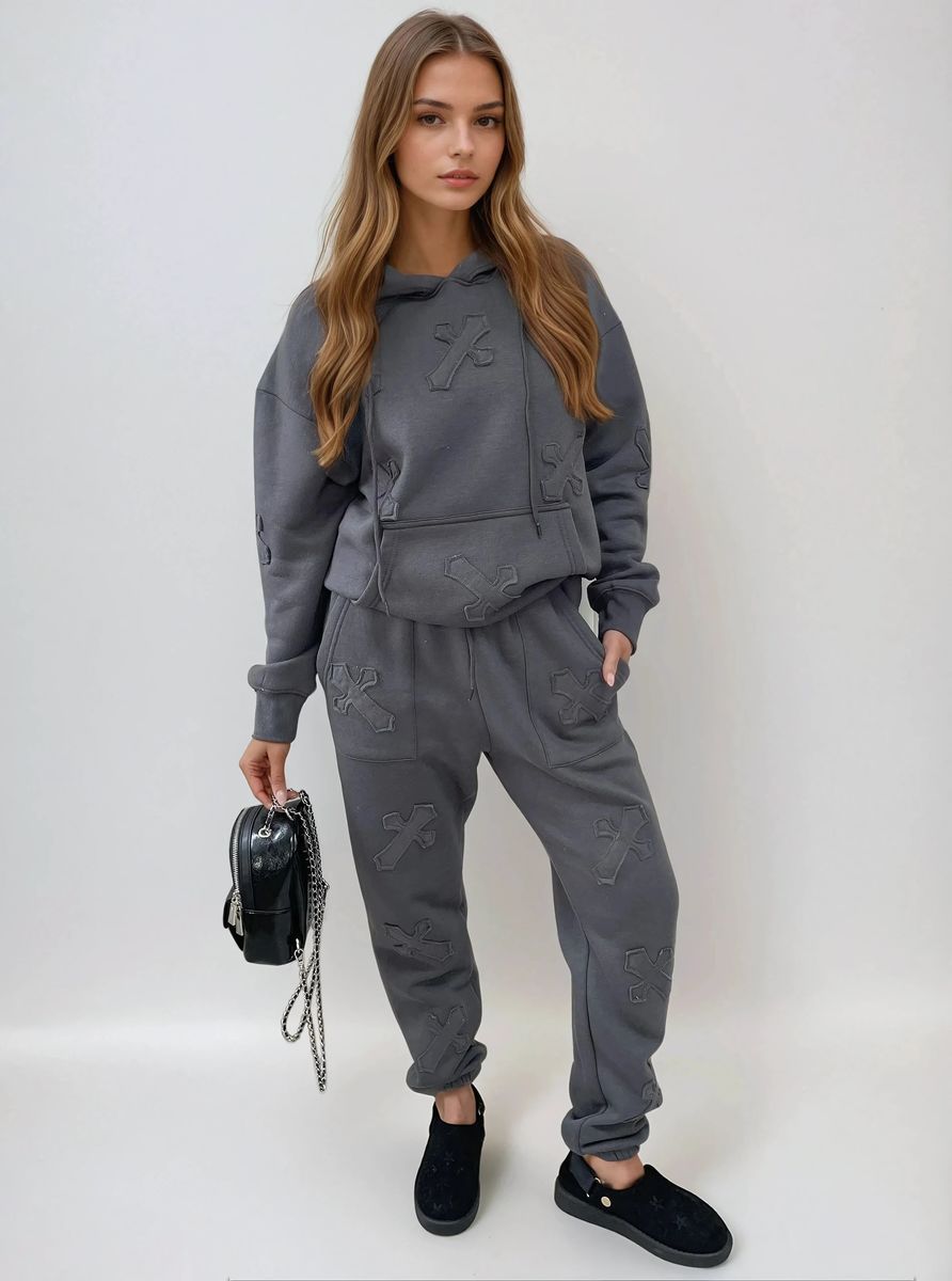 Cross Detail Oversized Hoodie and Jogger Co-ord Set Moda