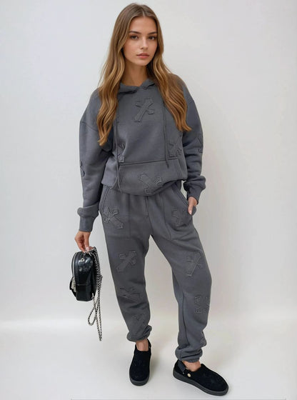 Cross Detail Oversized Hoodie and Jogger Co-ord Set Moda