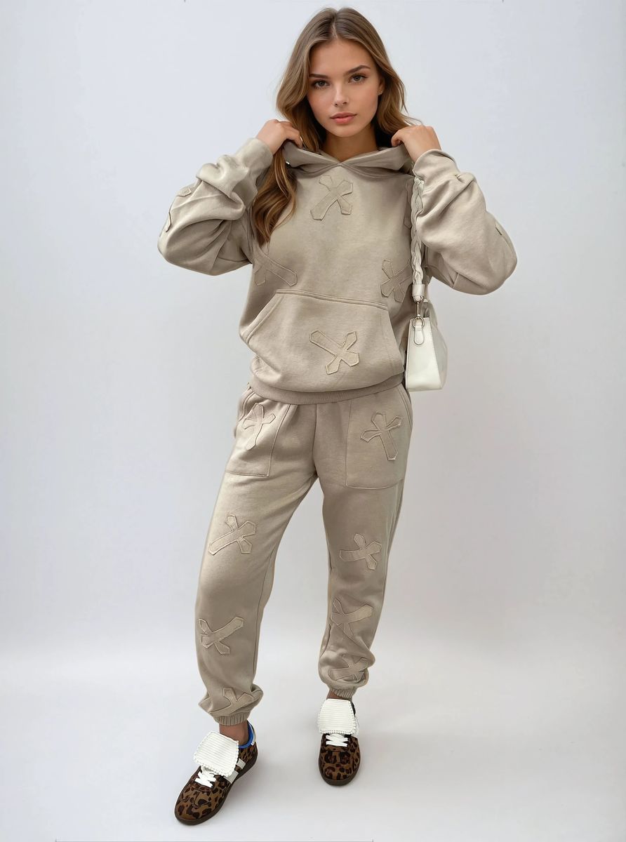 Cross Detail Oversized Hoodie and Jogger Co-ord Set Moda