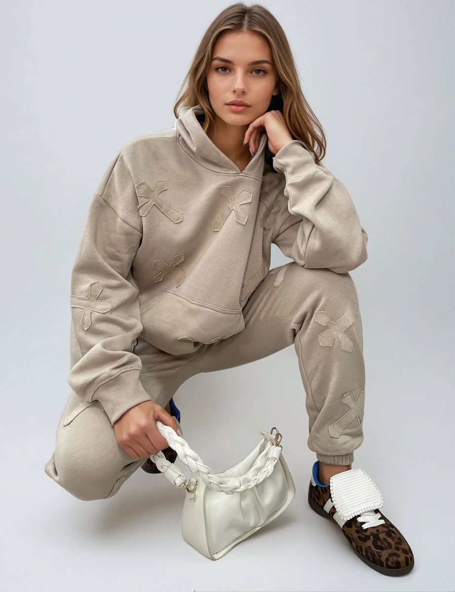 Cross Detail Oversized Hoodie and Jogger Co-ord Set Moda