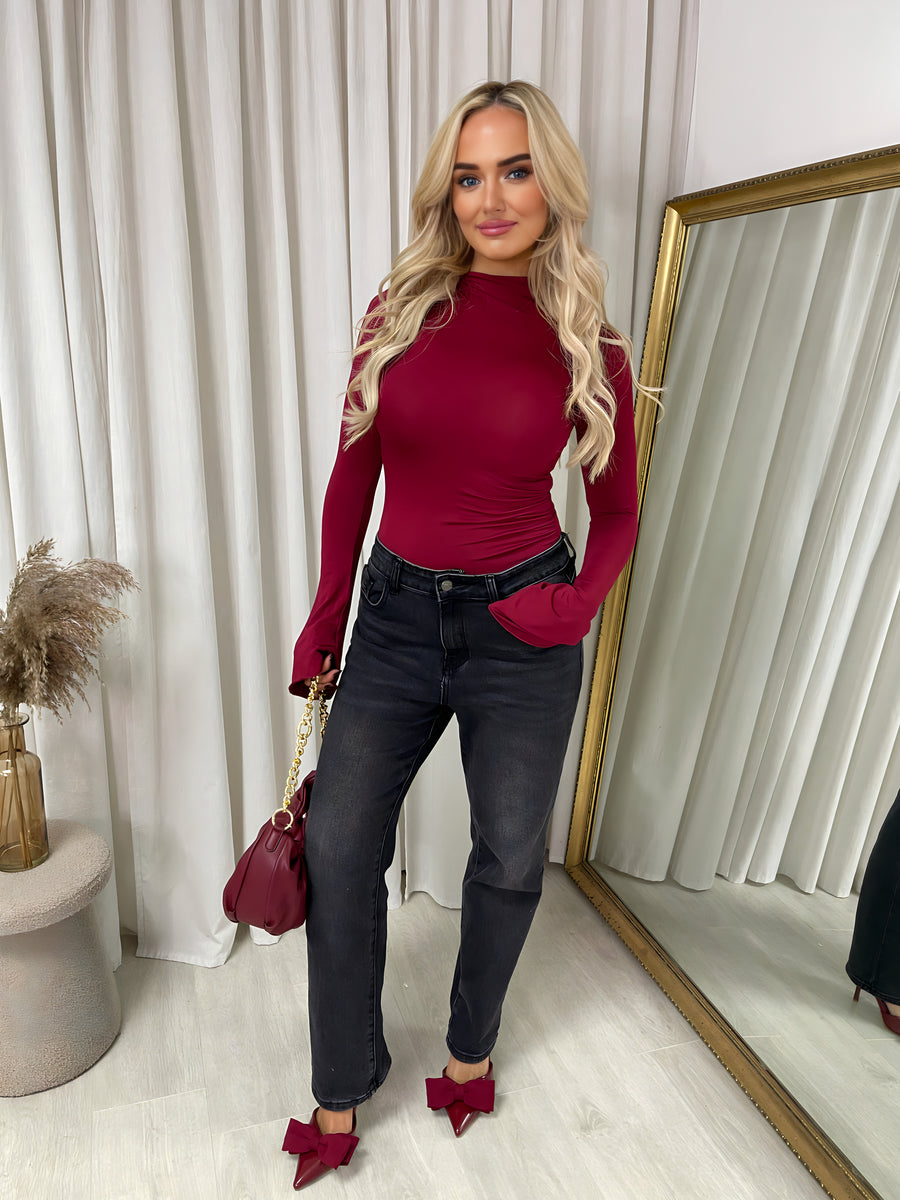 Ruched High Neck Flare Long Sleeve Top Moda