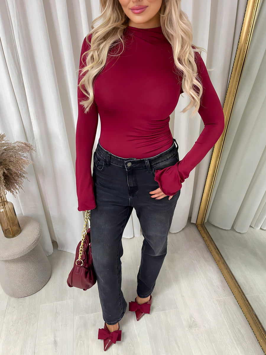 Ruched High Neck Flare Long Sleeve Top Moda