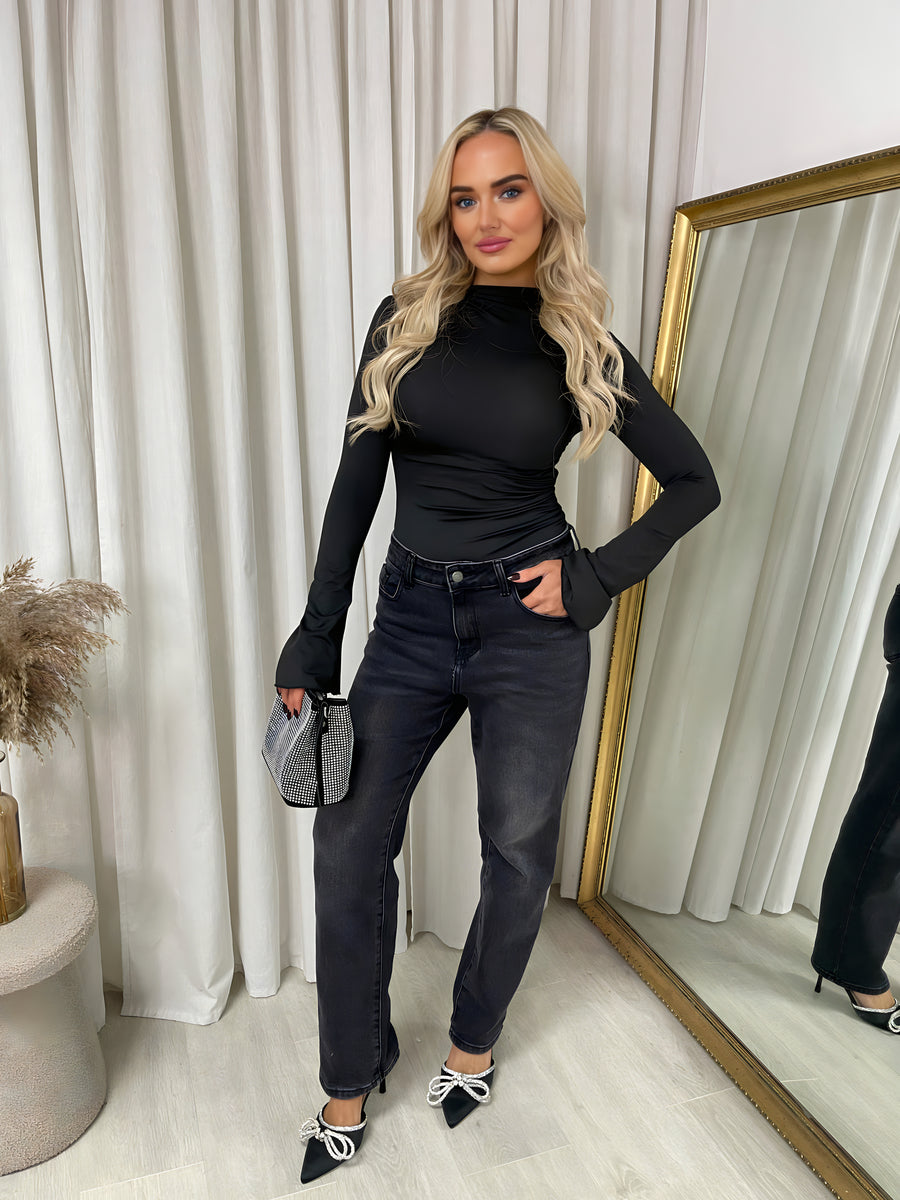 Ruched High Neck Flare Long Sleeve Top Moda