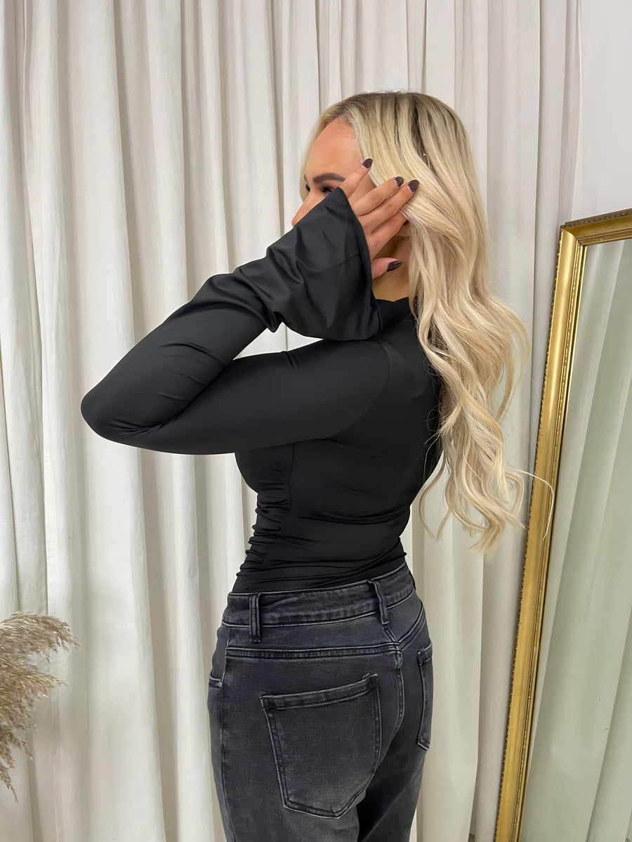 Ruched High Neck Flare Long Sleeve Top Moda