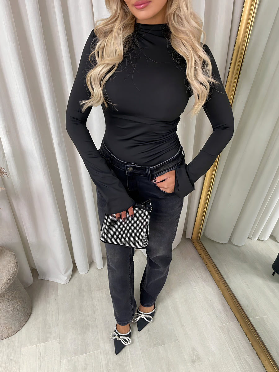 Ruched High Neck Flare Long Sleeve Top Moda