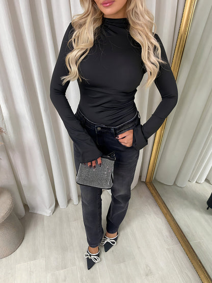 Ruched High Neck Flare Long Sleeve Top Moda