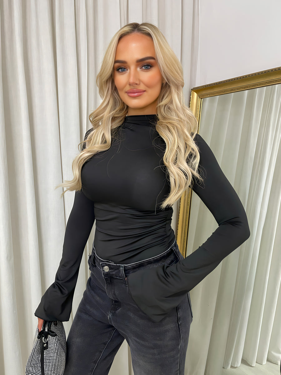 Ruched High Neck Flare Long Sleeve Top Moda