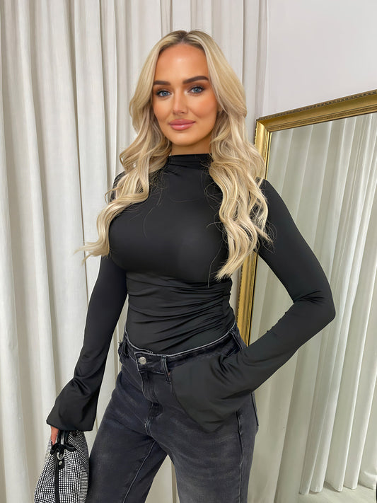 Ruched High Neck Flare Long Sleeve Top Moda