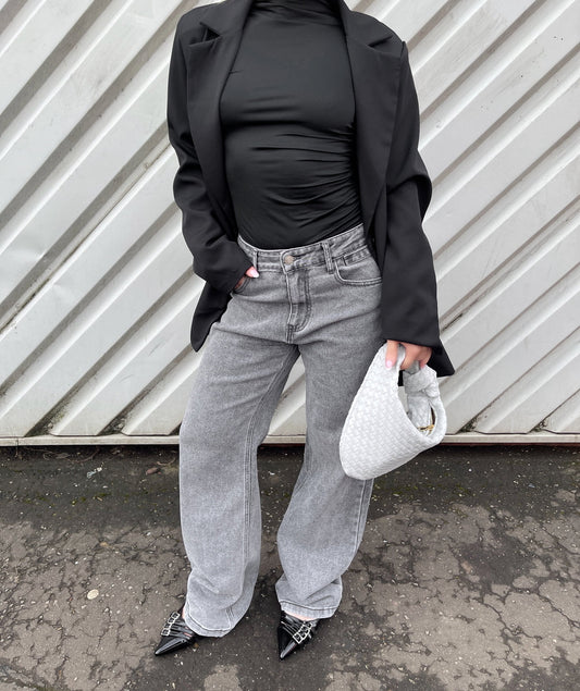 Ruched High Neck Flare Long Sleeve Top Moda