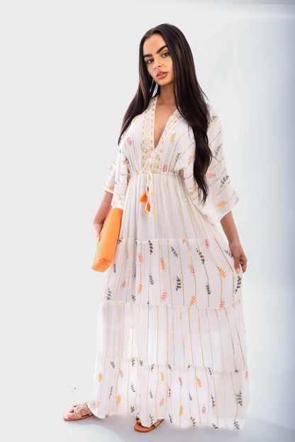V-Neck Tassel Printed Detail Maxi Dress Moda