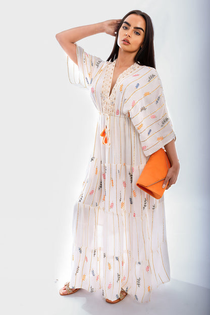V-Neck Tassel Printed Detail Maxi Dress Moda