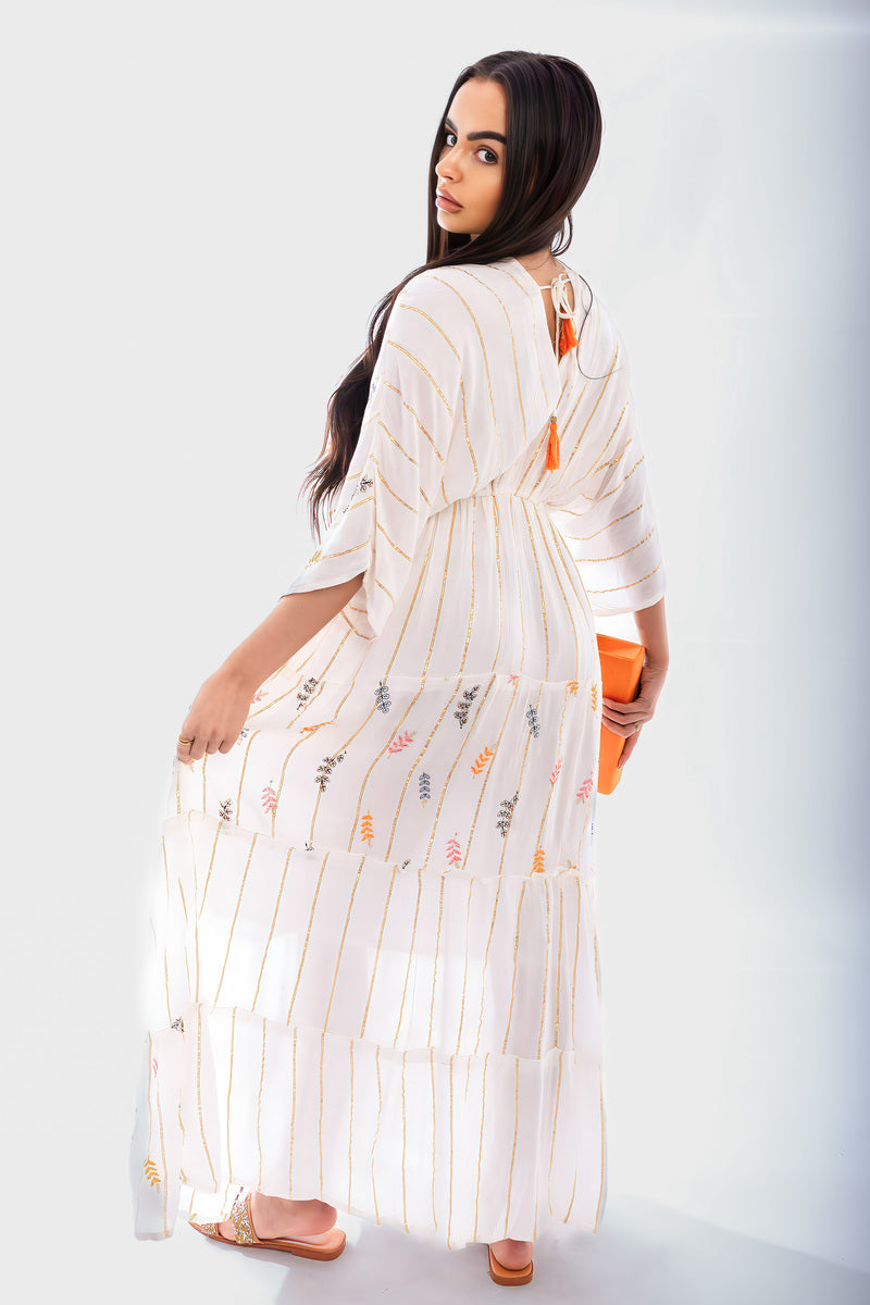 V-Neck Tassel Printed Detail Maxi Dress Moda