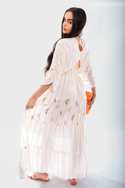 V-Neck Tassel Printed Detail Maxi Dress Moda