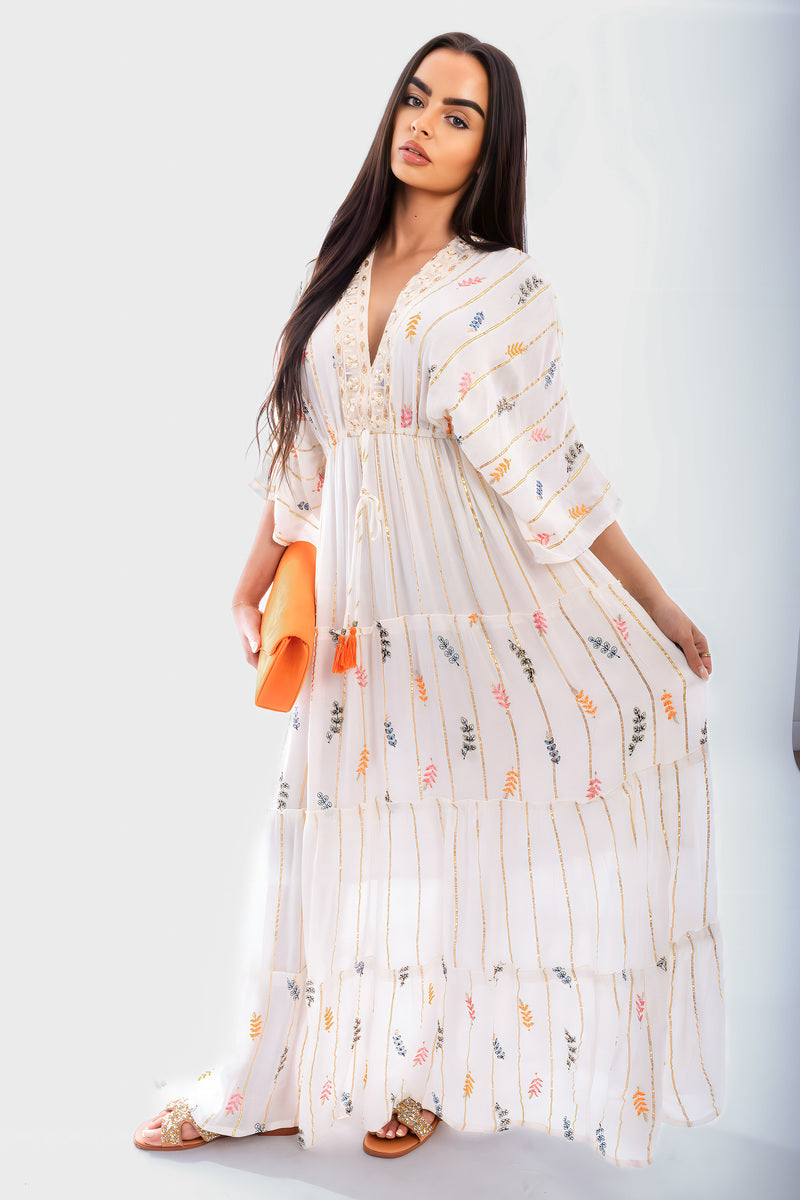 V-Neck Tassel Printed Detail Maxi Dress Moda