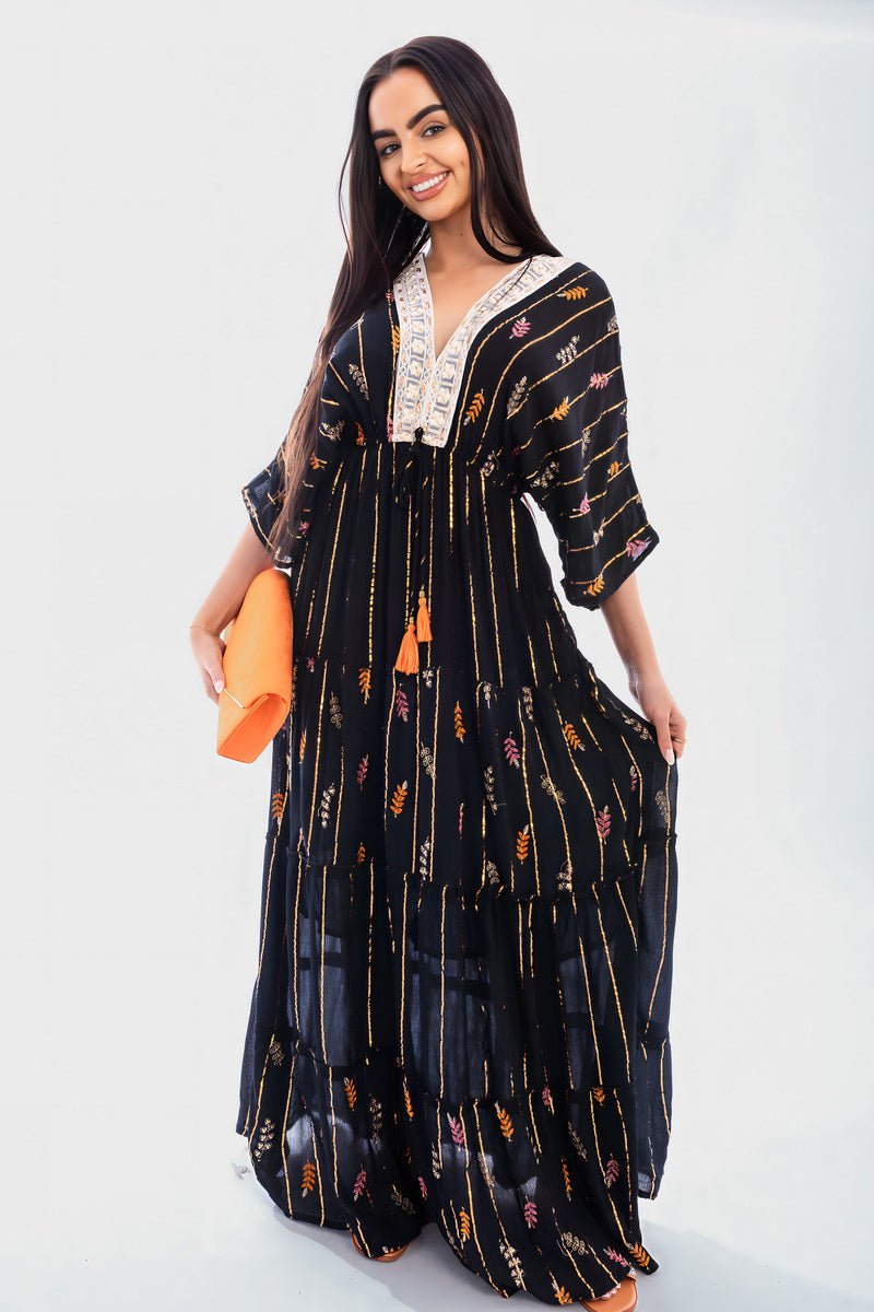 V-Neck Tassel Printed Detail Maxi Dress Moda