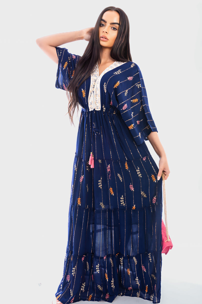 V-Neck Tassel Printed Detail Maxi Dress Moda