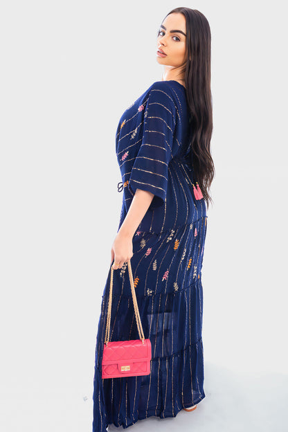 V-Neck Tassel Printed Detail Maxi Dress Moda
