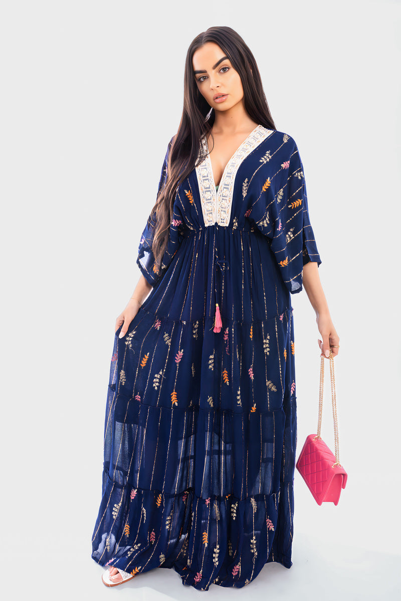V-Neck Tassel Printed Detail Maxi Dress Moda