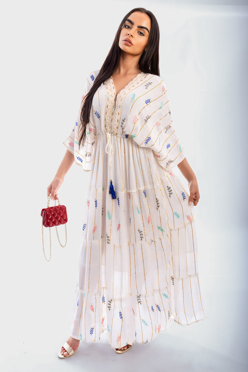 V-Neck Tassel Printed Detail Maxi Dress Moda