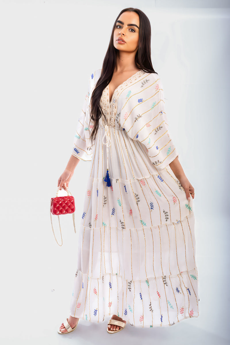 V-Neck Tassel Printed Detail Maxi Dress Moda