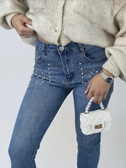 Rhinestone Embellished Skinny Fit Mid Rise Jeans - Shello's Creative Boutique