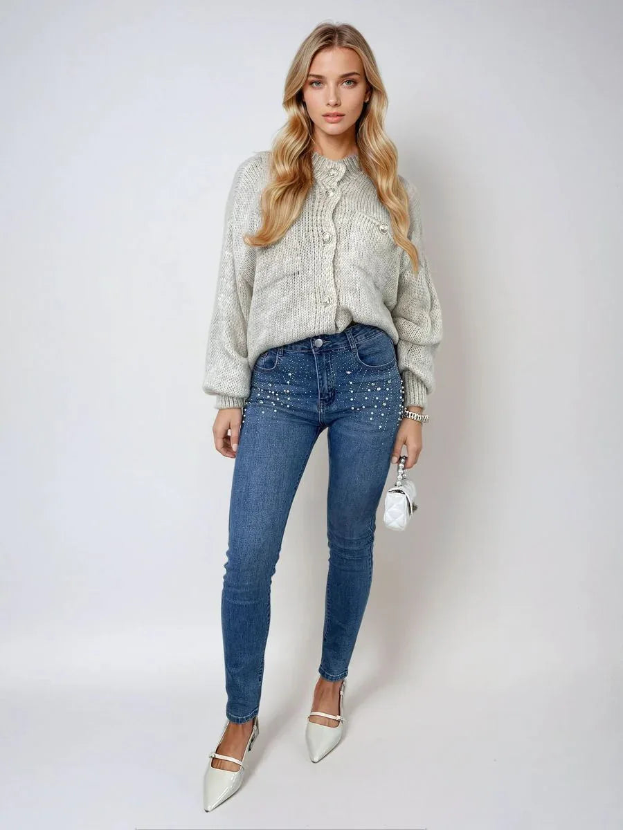 Rhinestone Embellished Skinny Fit Mid Rise Jeans - Shello's Creative Boutique