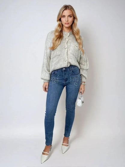 Rhinestone Embellished Skinny Fit Mid Rise Jeans - Shello's Creative Boutique
